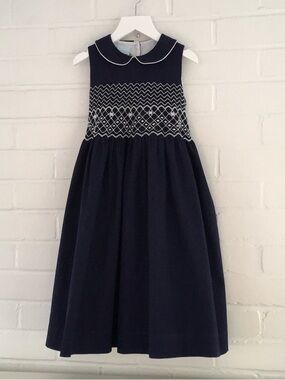 Classic Navy Blue Sleeveless Smocked Peter Pan Collar Dress For Girls Size 6